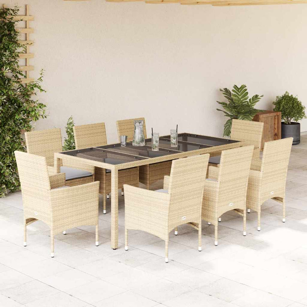 vidaXL Salon de jardin 9 pcs avec coussins Beige Résine tressée Verre