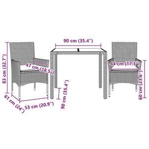 3-tlg. Garten Essgruppe Hellgrau Poly Rattan