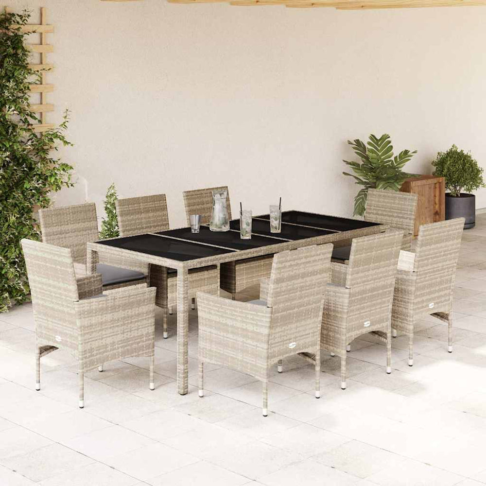 vidaXL Ensemble de salle à manger de jardin 9 pcs avec coussins Gris clair résine tressée et verre