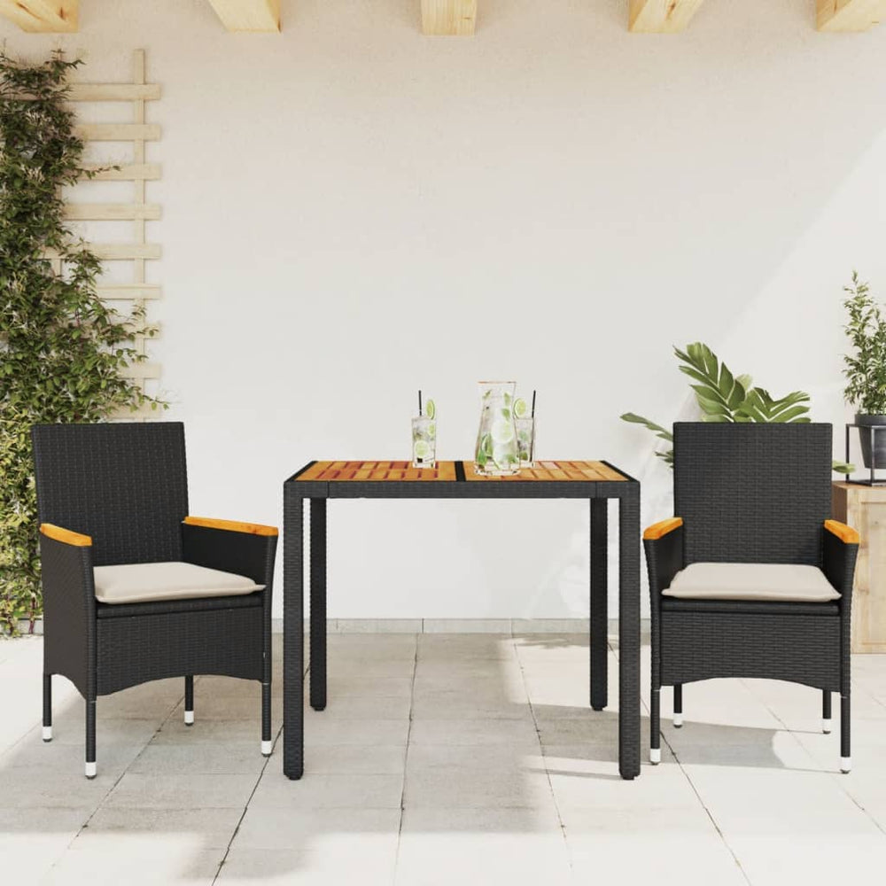 vidaXL Salon de jardin 3 pcs avec coussins Noir Résine tressée Acacia