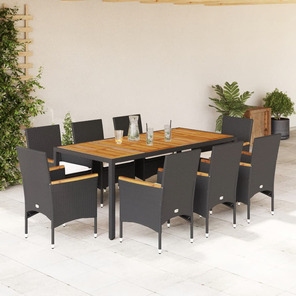 vidaXL Salon de jardin à dîner 9 pcs avec coussins Noir Résine tressée Acacia