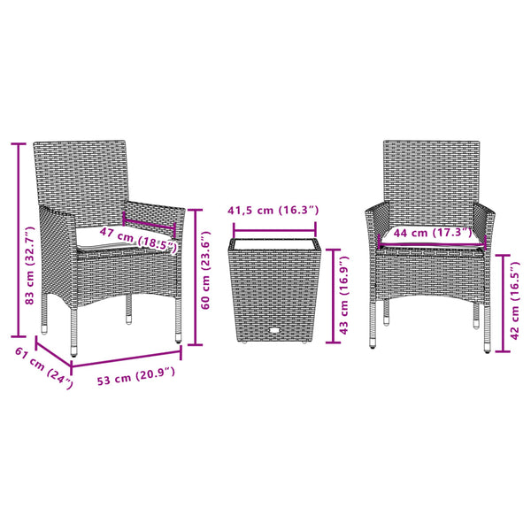 3-teiliges Bistro Set Grau Poly Rattan