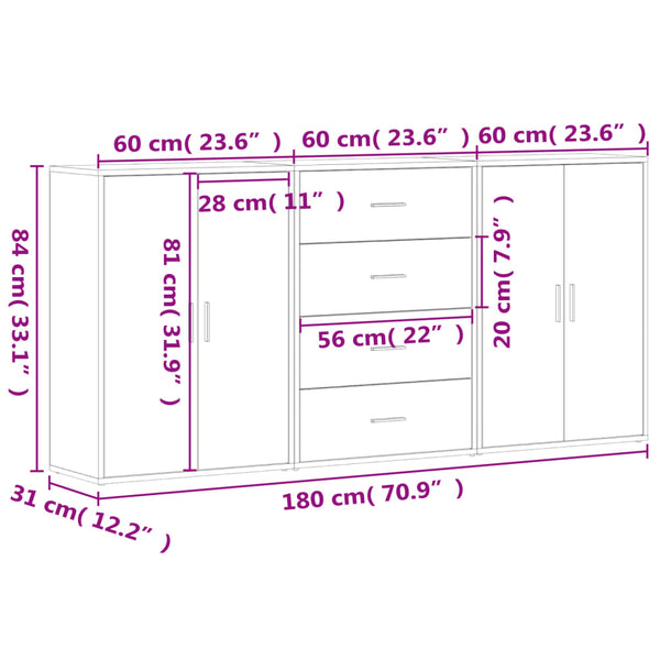 vidaXL Bahuts 3 pcs Gris Sonoma 60x31x84 cm Bois d'ingénierie