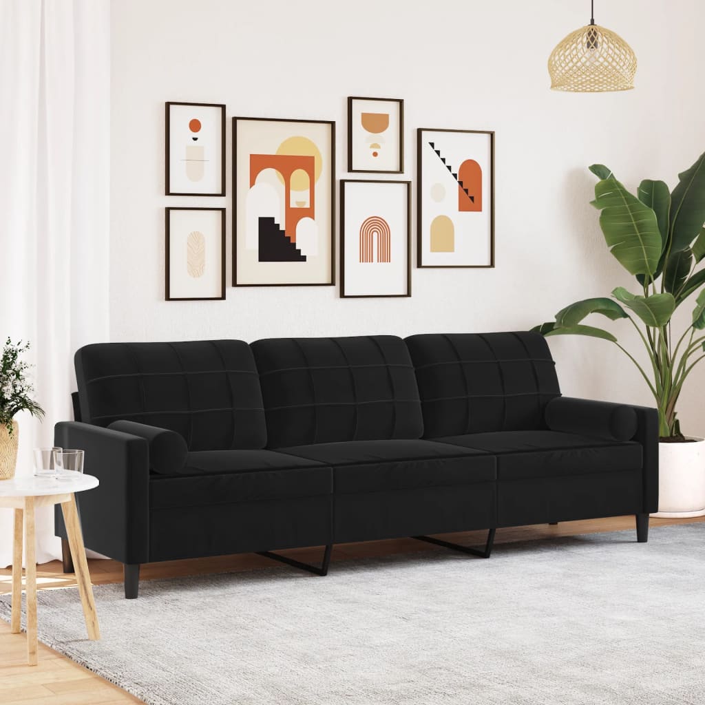 Schwarzes Samt Sofa 3-Sitzer mit Kissen 210cm