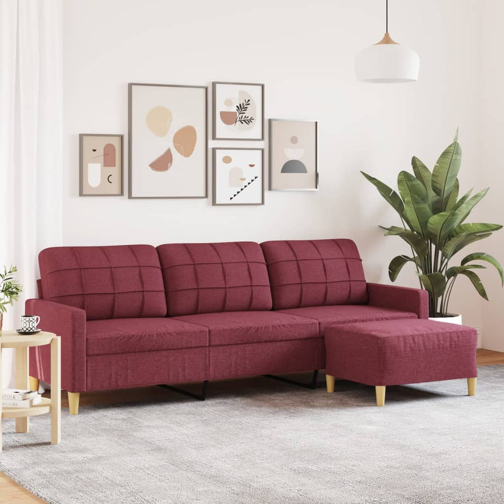 Weinrotes 3-Sitzer Sofa mit Hocker