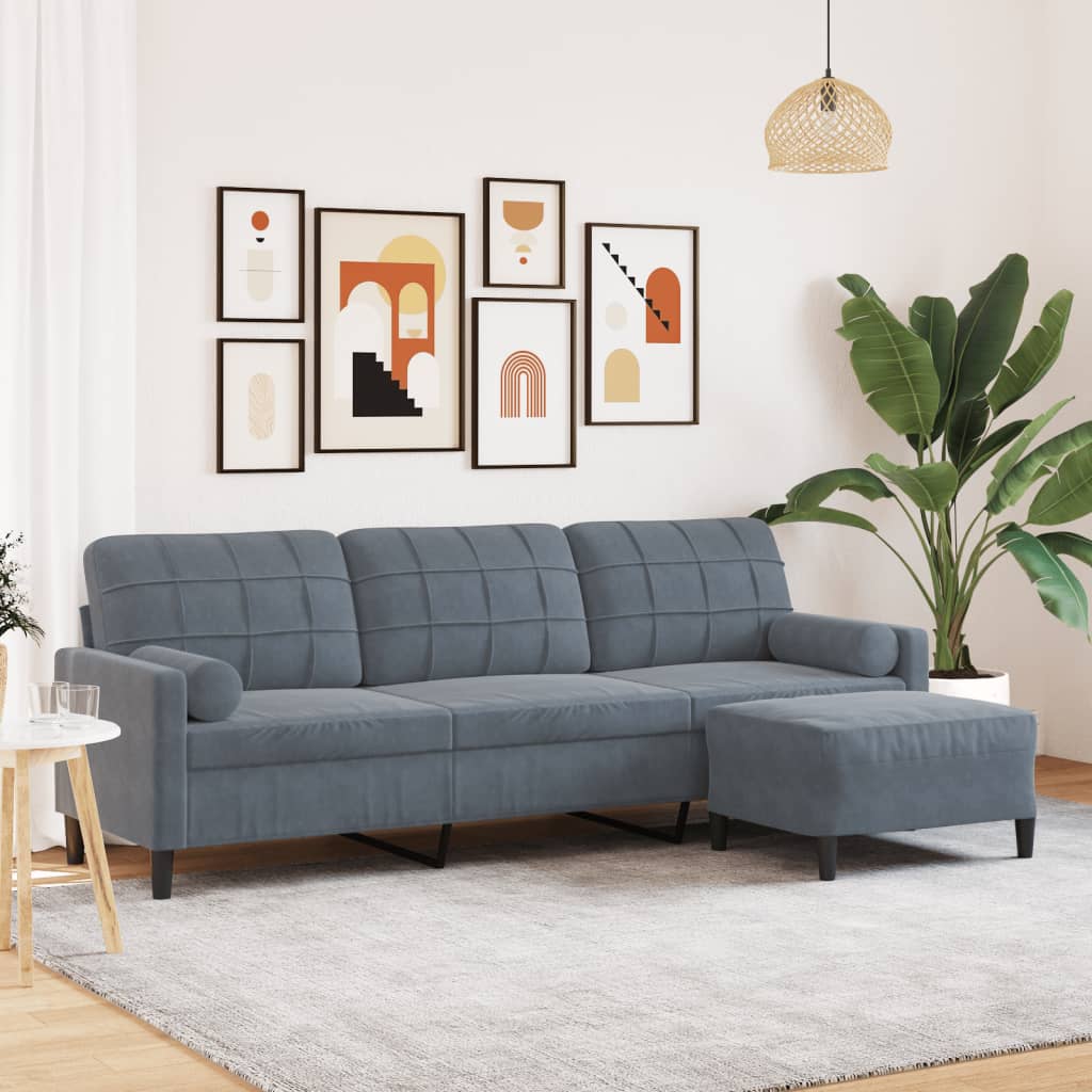 3-Sitzer Samt Sofa mit Hocker Dunkelgrau