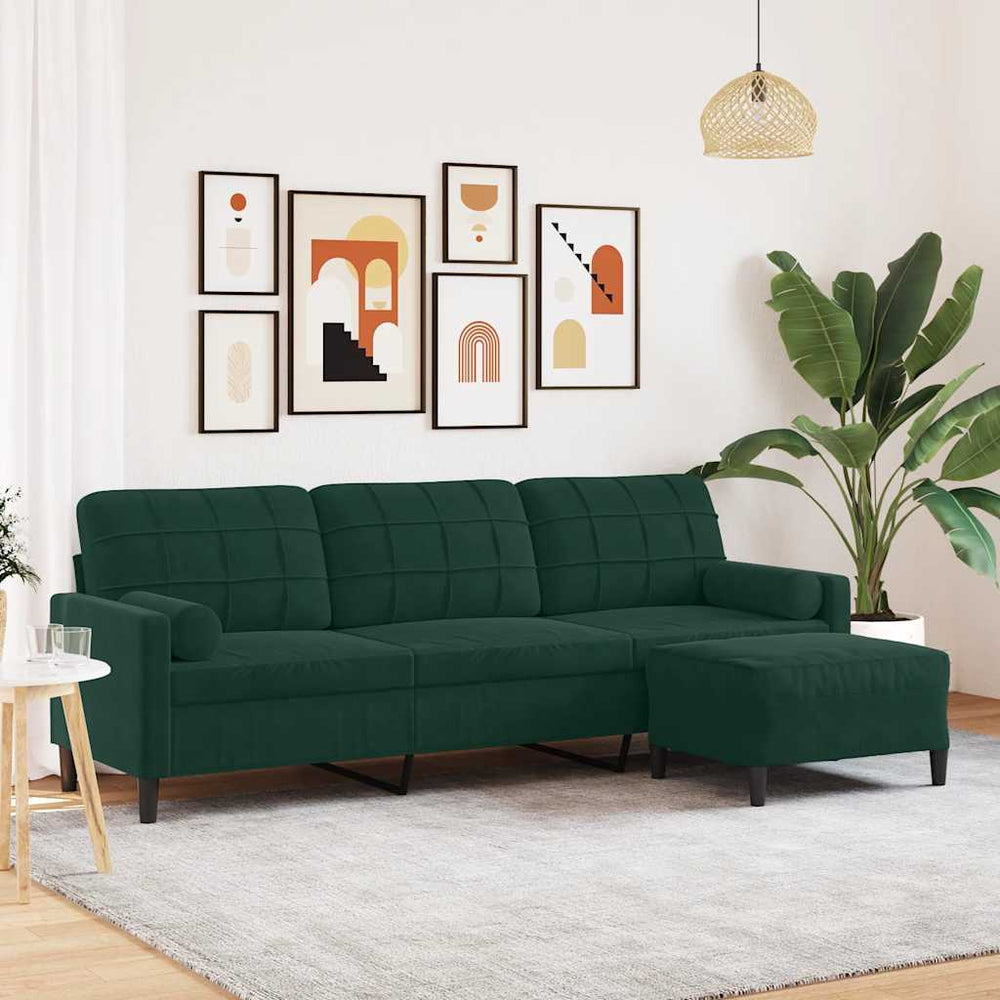 3-Sitzer Samt Sofa mit Hocker Dunkelgrün