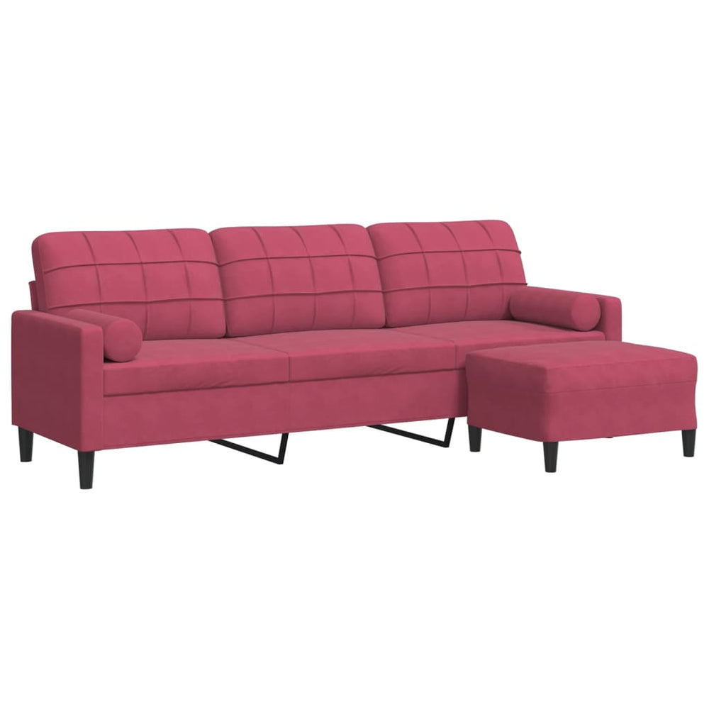 3-Sitzer Samt Sofa mit Hocker Weinrot