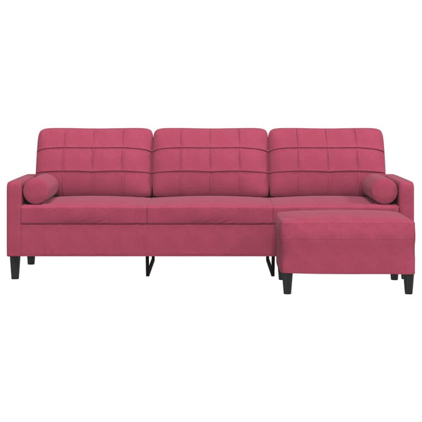 3-Sitzer Samt Sofa mit Hocker Weinrot