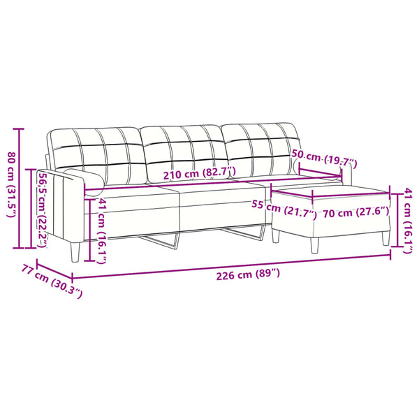 3-Sitzer Samt Sofa mit Hocker Weinrot