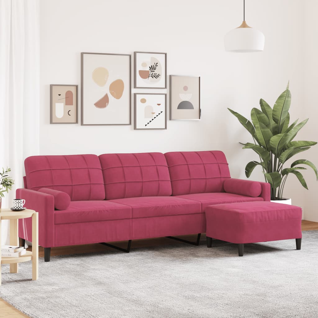 3-Sitzer Samt Sofa mit Hocker Weinrot