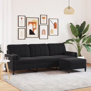 vidaXL Canapé 3 places avec pouf Velours Noir 210 cm