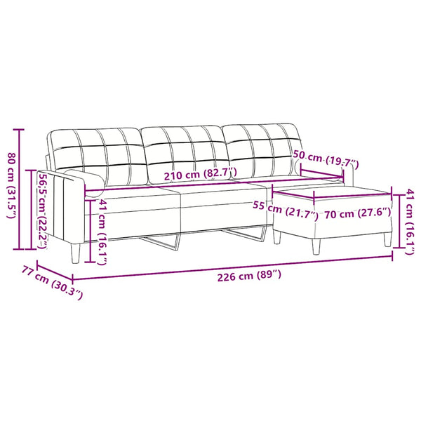 3-Sitzer Sofa mit Hocker Creme Samt