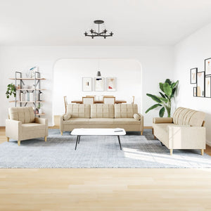 3-tlg. Sofagarnitur Creme Stoff mit Kissen