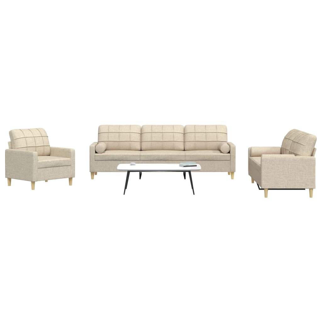 3-tlg. Sofagarnitur Creme Stoff mit Kissen