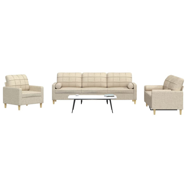 3-tlg. Sofagarnitur Creme Stoff mit Kissen