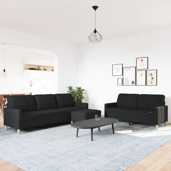 3-teilige Sofagarnitur mit Hocker, Schwarz