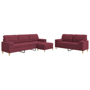 3-tlg. Sofagarnitur Weinrot mit Hocker & Kissen