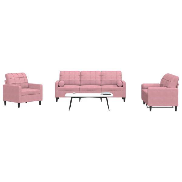 3-tlg. Sofagarnitur Rosa Samt mit Kissen
