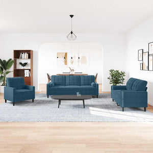 3-tlg. Samt Sofagarnitur Blau mit Kissen
