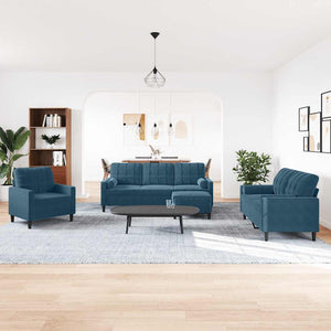 4-tlg. Samt Sofagarnitur Blau mit Kissen