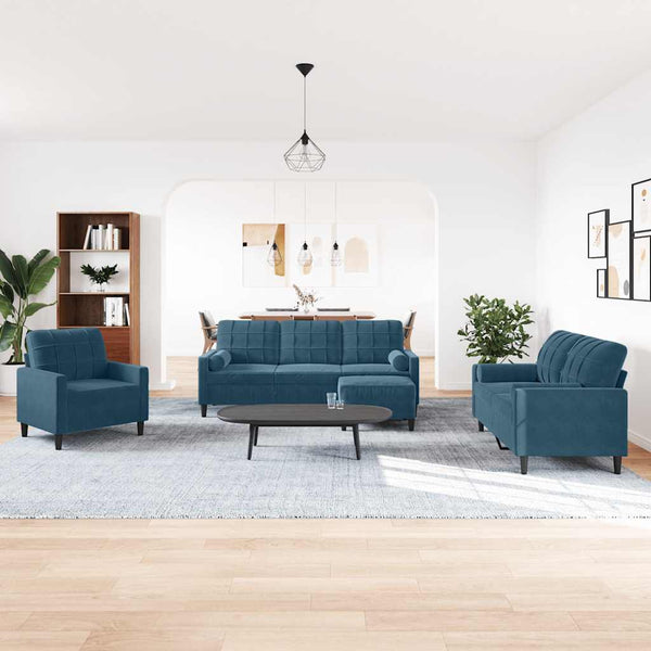 4-tlg. Samt Sofagarnitur Blau mit Kissen