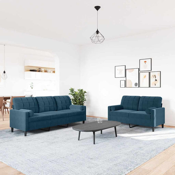 2-tlg. Samt Sofagarnitur Blau mit Kissen