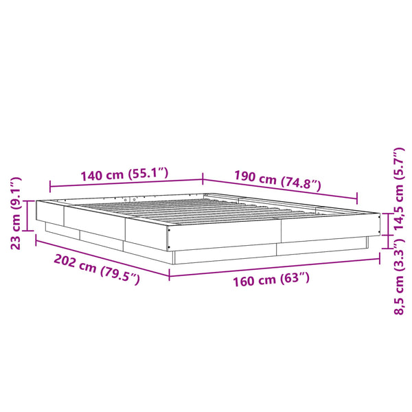 Bettgestell 140x190 cm mit LED Grau Sonoma