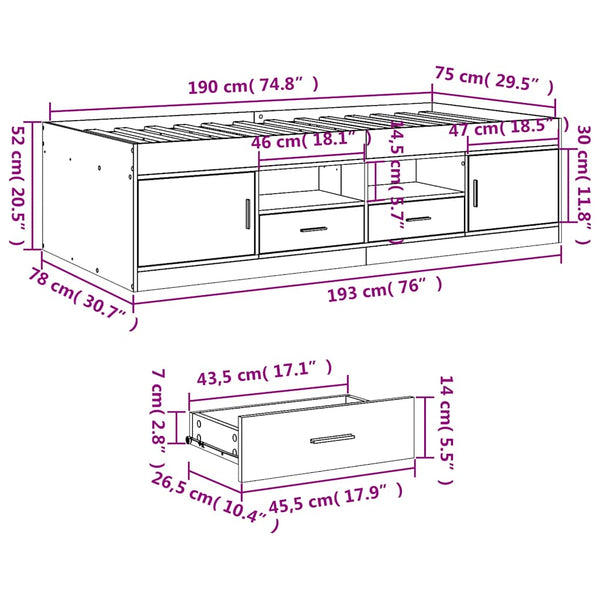 Tagesbett mit Schubladen 75x190 cm Betongrau