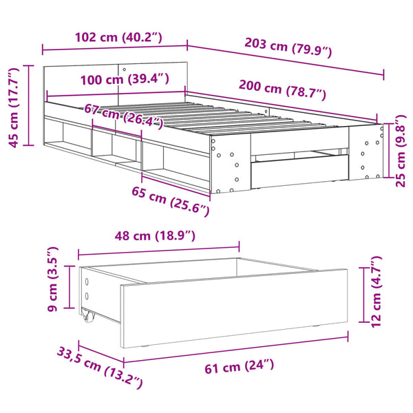 Bettgestell Schwarz 100x200 cm mit Schublade