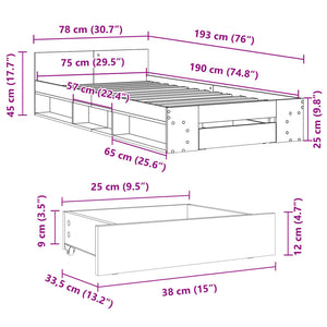 Bettgestell Schwarz mit Schublade 75x190 cm