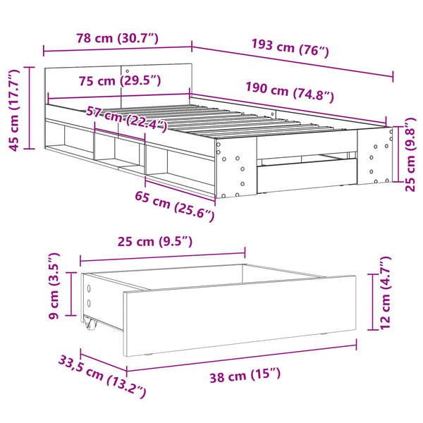 Bettgestell Räuchereiche 75x190 cm mit Schublade
