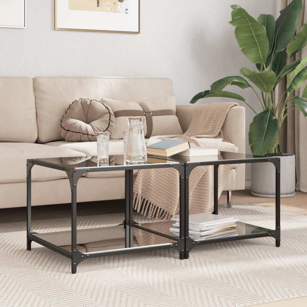 vidaXL Coffee Tables with Glass Top 2 pcs. Black 50x50x40 cm Steel