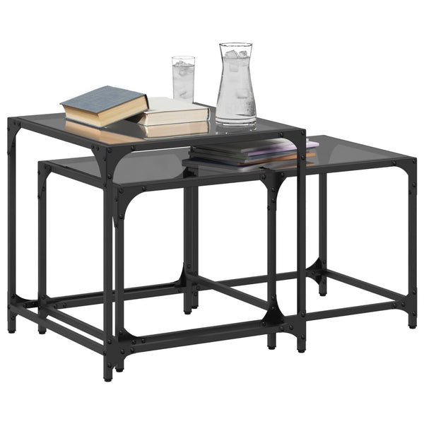 Satztische 2er Set Schwarz Stahl Glasplatte