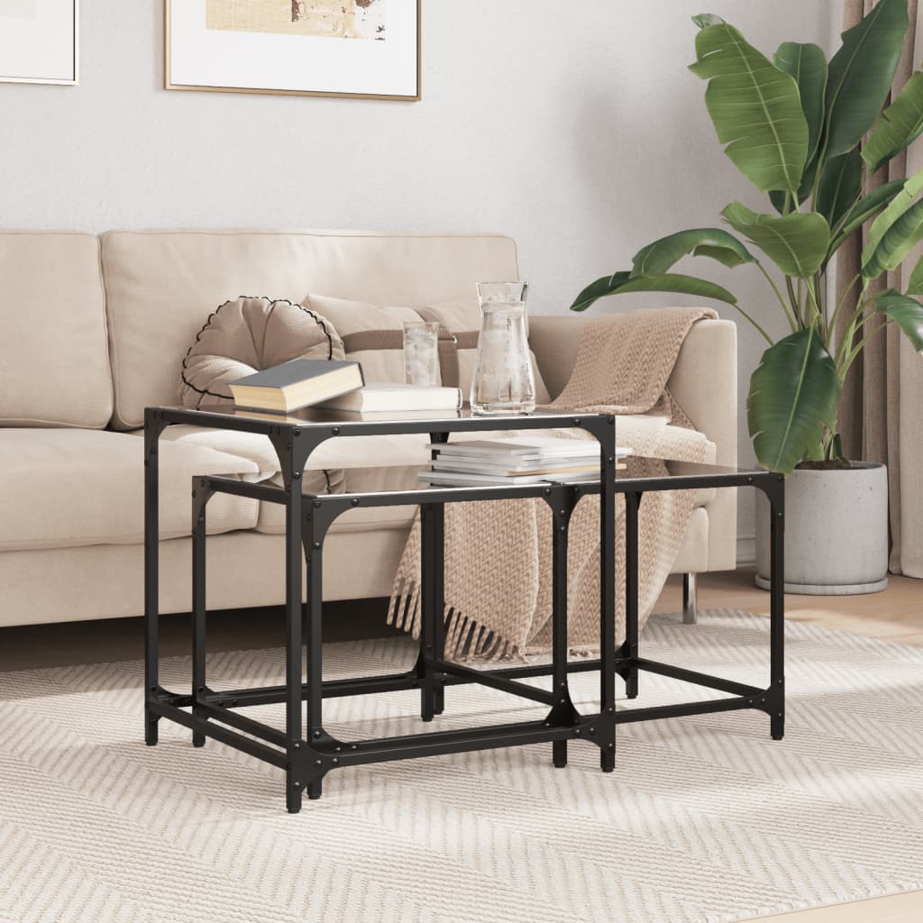 Satztische 2er Set Schwarz Stahl Glasplatte