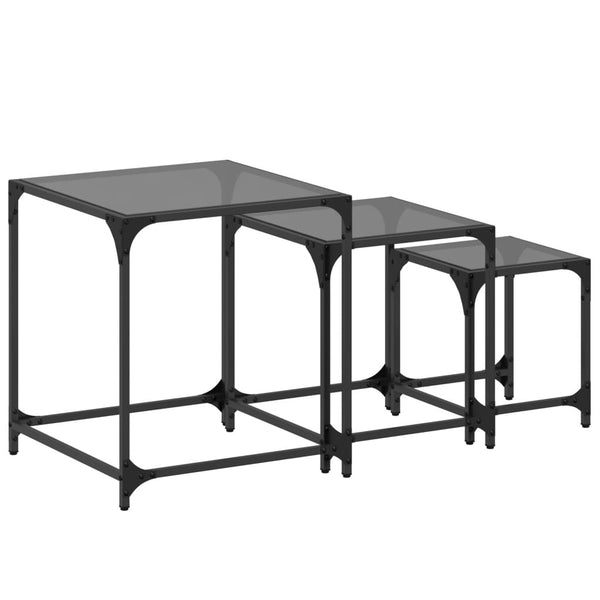 Satztische 3er Set Schwarz mit Glasplatte