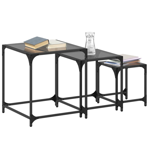 Satztische 3er Set Schwarz mit Glasplatte