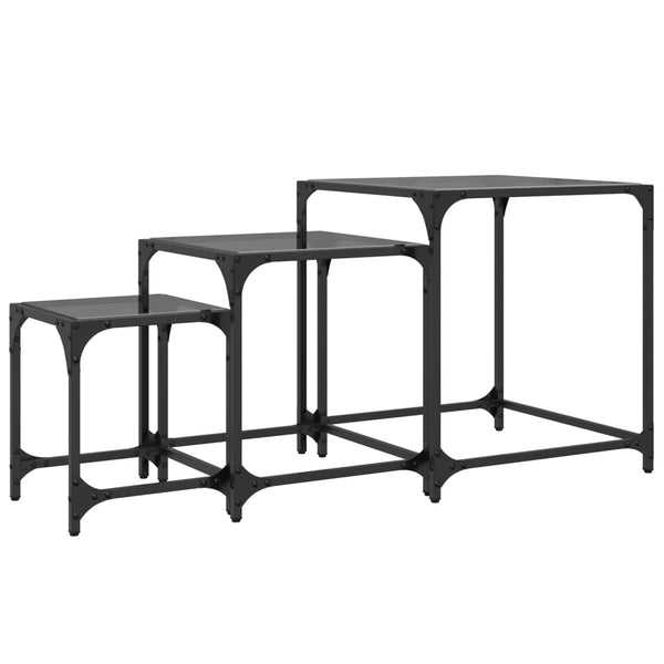 Satztische 3er Set Schwarz mit Glasplatte
