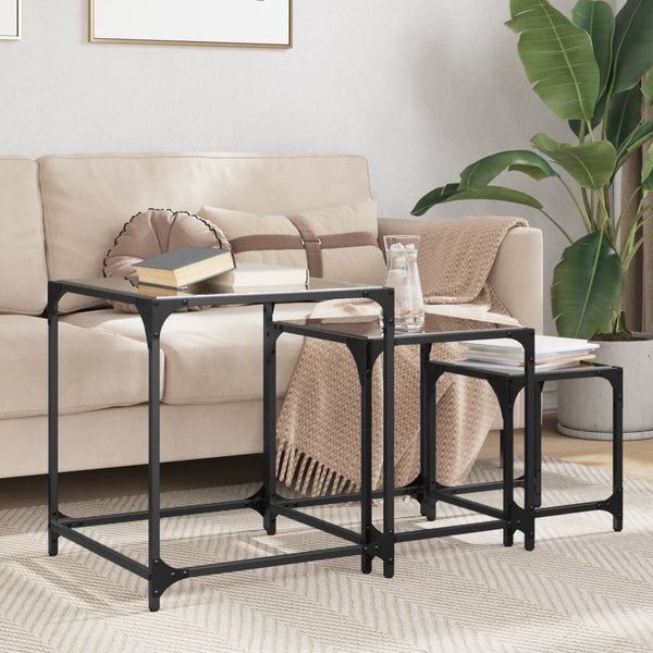 Satztische 3er Set Schwarz mit Glasplatte