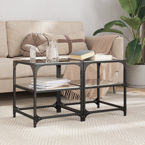 Schwarze Couchtische mit Glasplatte, 2er-Set