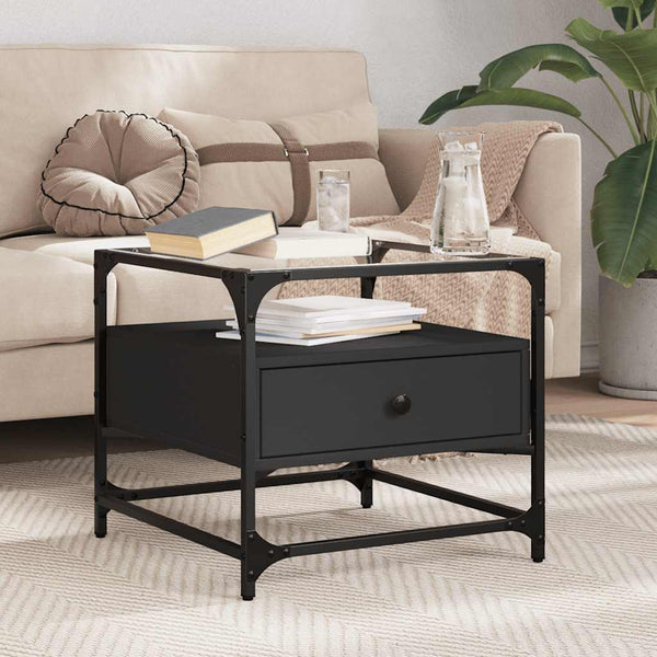 Schwarzer Couchtisch mit Glasplatte 50x50 cm
