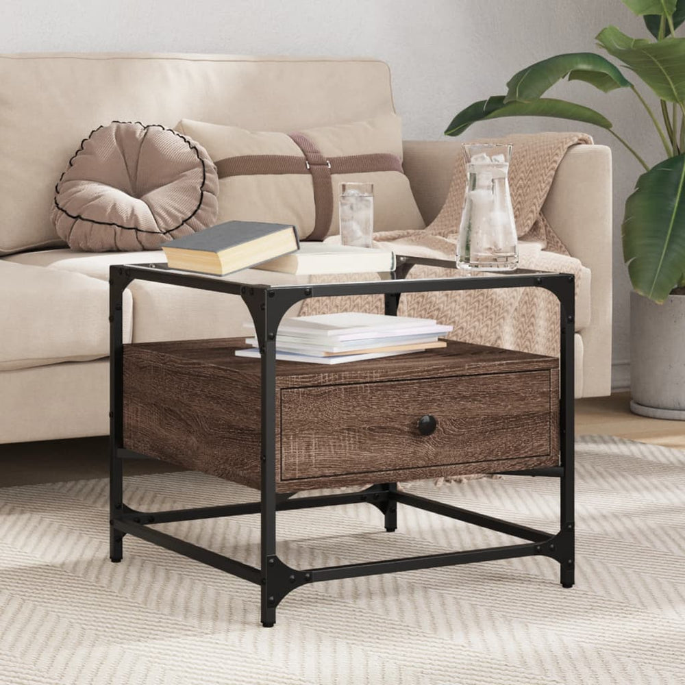 Couchtisch Braun Eiche Optik Glasplatte 50x50 cm