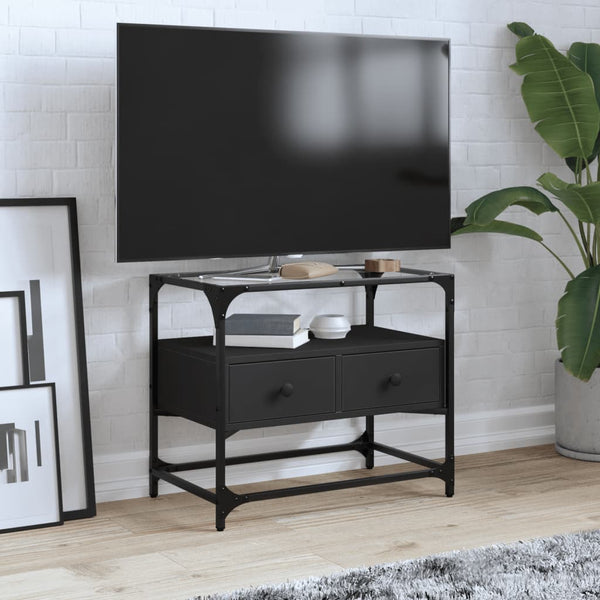 vidaXL Meuble TV avec plateau en verre Noir 60x35x51 cm Bois d'ingénierie