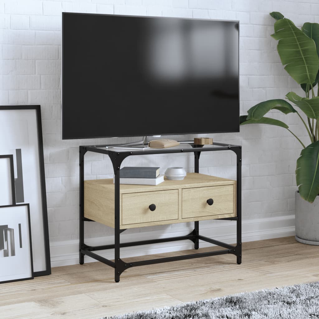 vidaXL Meuble TV avec plateau en verre chêne sonoma 60x35x51 cm Bois d'ingénierie