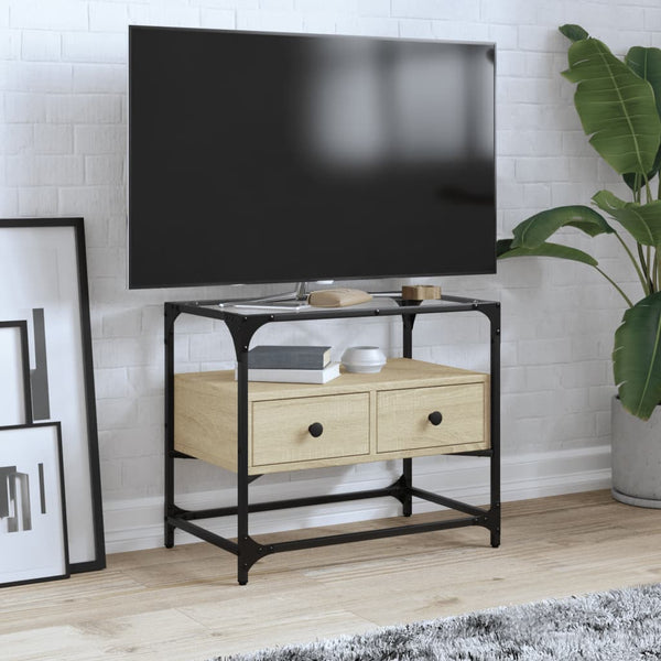 vidaXL Meuble TV avec plateau en verre chêne sonoma 60x35x51 cm Bois d'ingénierie