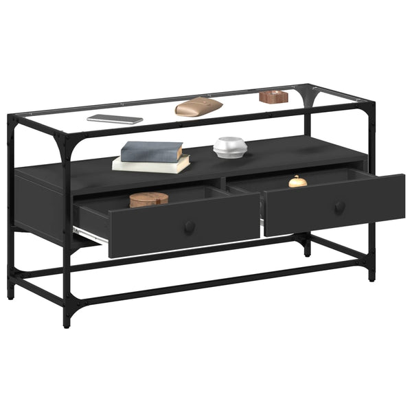 Schwarzer TV-Schrank mit Glasplatte, 98 cm
