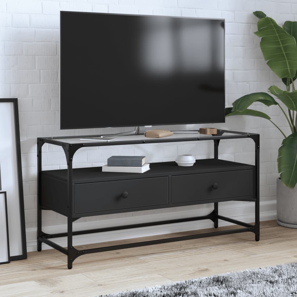 Schwarzer TV-Schrank mit Glasplatte, 98 cm
