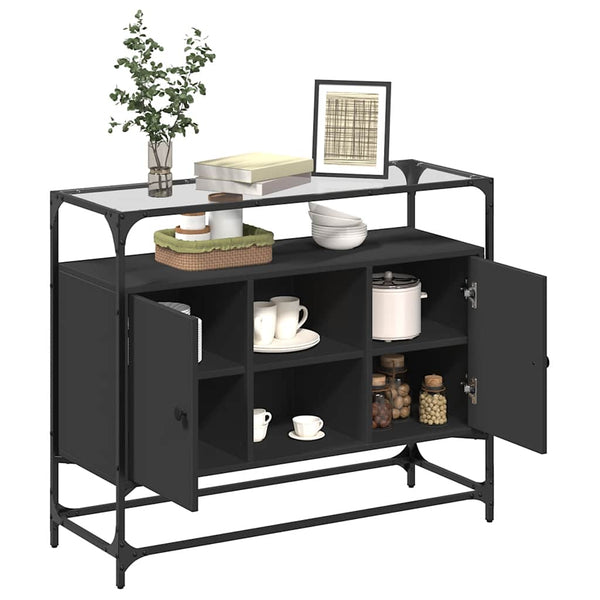 Schwarzes Sideboard mit Glasplatte, 98 cm