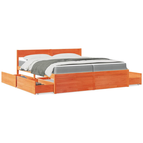 vidaXL Lit avec tiroirs et matelas Marron ciré 200x200 Bois massif
