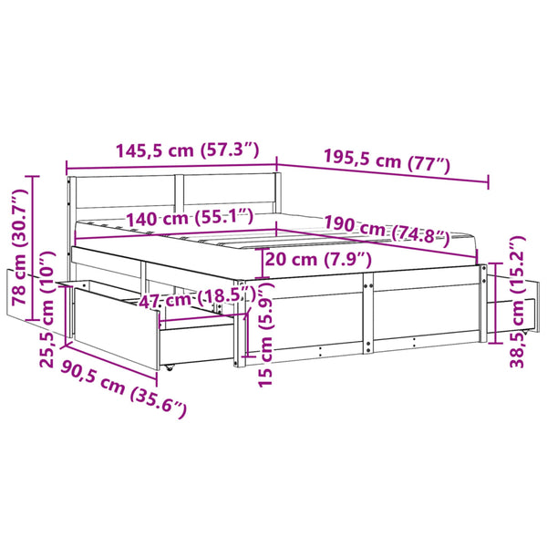 Bett mit Schubladen & Matratze 140x190 Massivholz